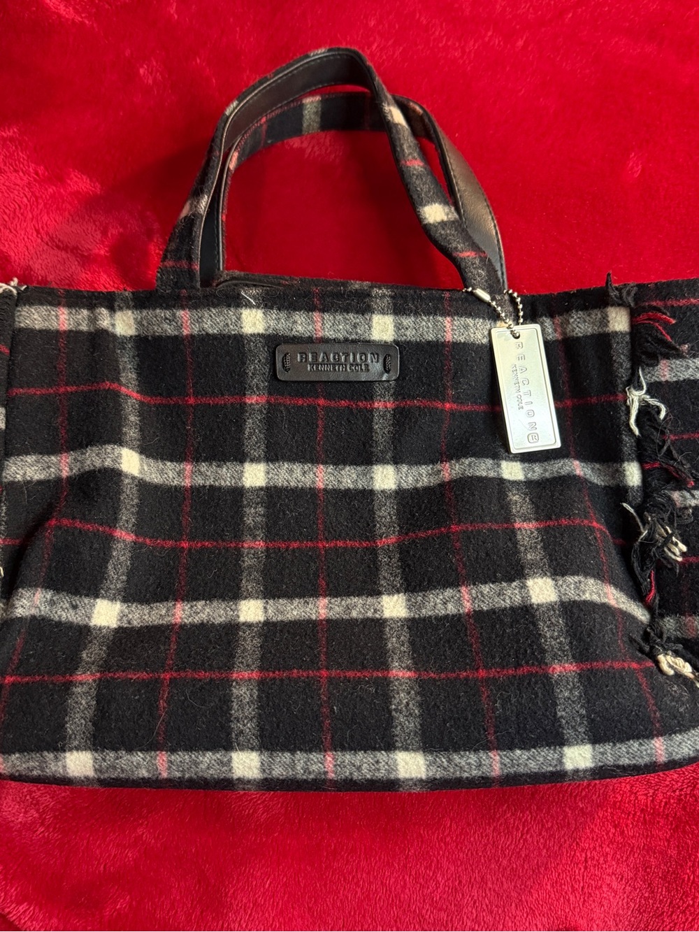 Kenneth Cole Reaction Plaid Wool Satchel - Grunge Academia Fringed Tote